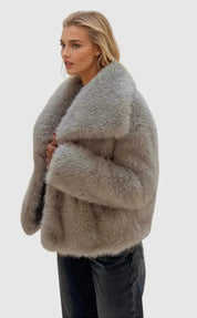Cozy Faux Fur Jacket for Women - Elegant Voluminous Outerwear in Neutral Tones, Sizes S to XL 1