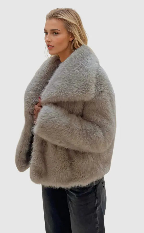 Cozy Faux Fur Jacket for Women - Elegant Voluminous Outerwear in Neutral Tones, Sizes S to XL 1