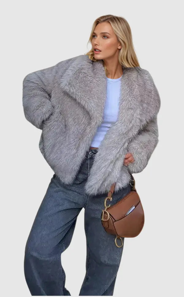 Cozy Faux Fur Jacket for Women - Elegant Voluminous Outerwear in Neutral Tones, Sizes S to XL 2