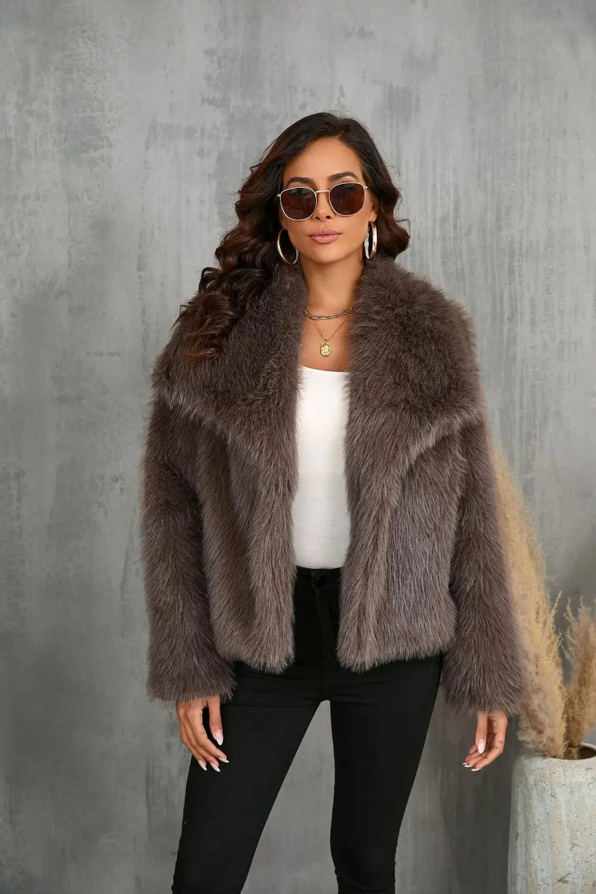 Cozy Faux Fur Jacket for Women - Elegant Voluminous Outerwear in Neutral Tones, Sizes S to XL 5