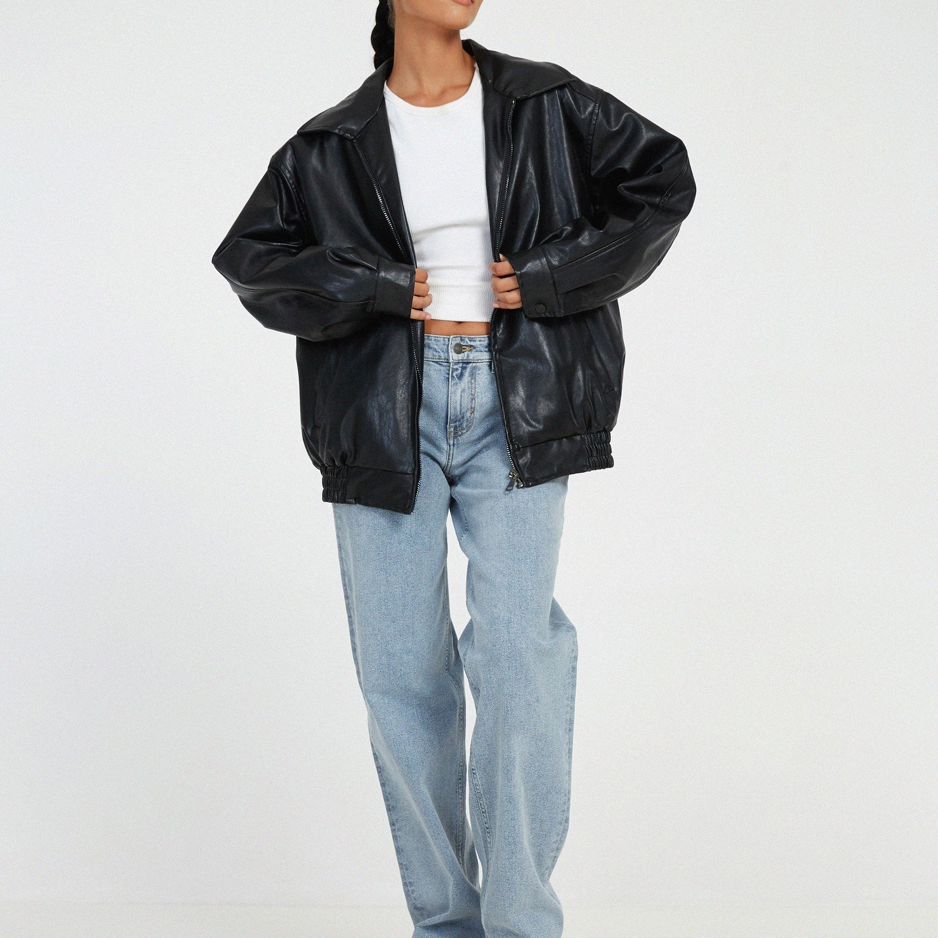 Oversized Brown PU Leather Jacket for Women – Casual Fit, High-Quality Faux Leather for Autumn and Winter 4