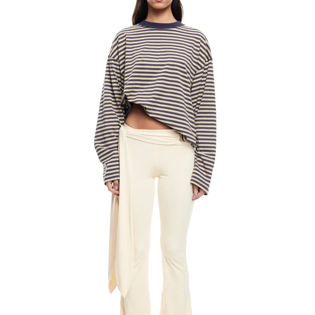 Oversized Long Sleeve Top in Beige Stripe – Comfortable Crew Neck Long Sleeve Shirt for Relaxed Style 0