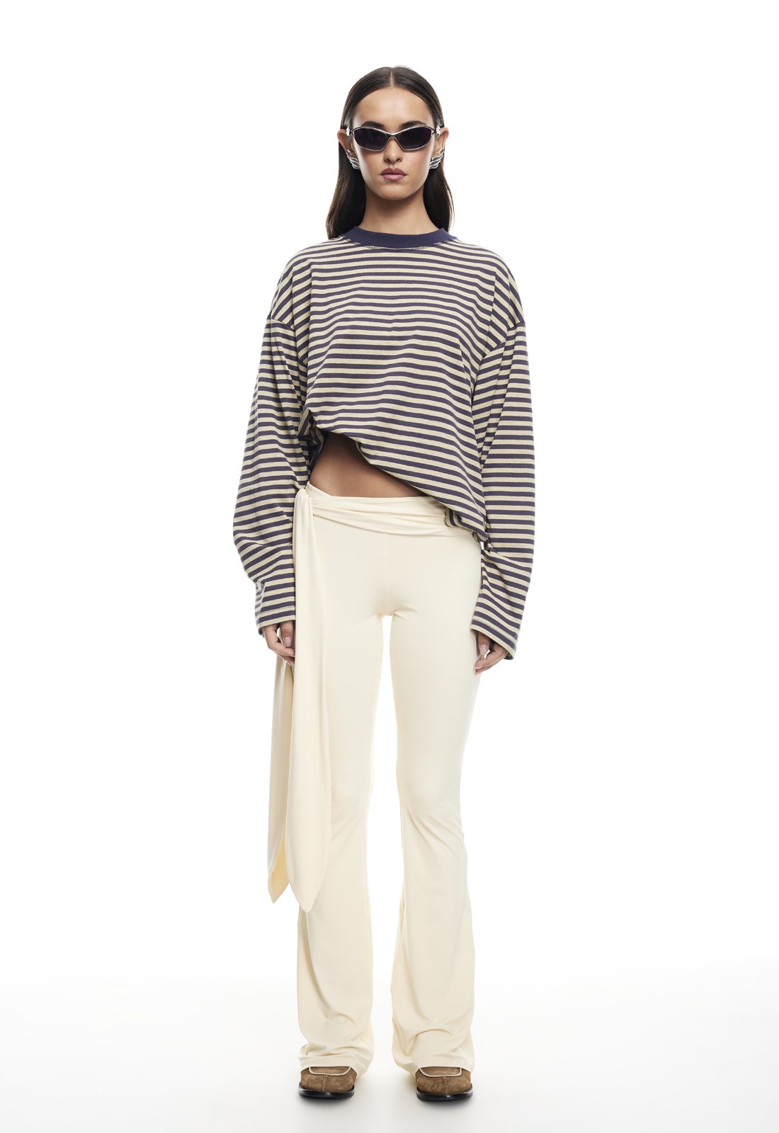 Oversized Long Sleeve Top in Beige Stripe – Comfortable Crew Neck Long Sleeve Shirt for Relaxed Style 0