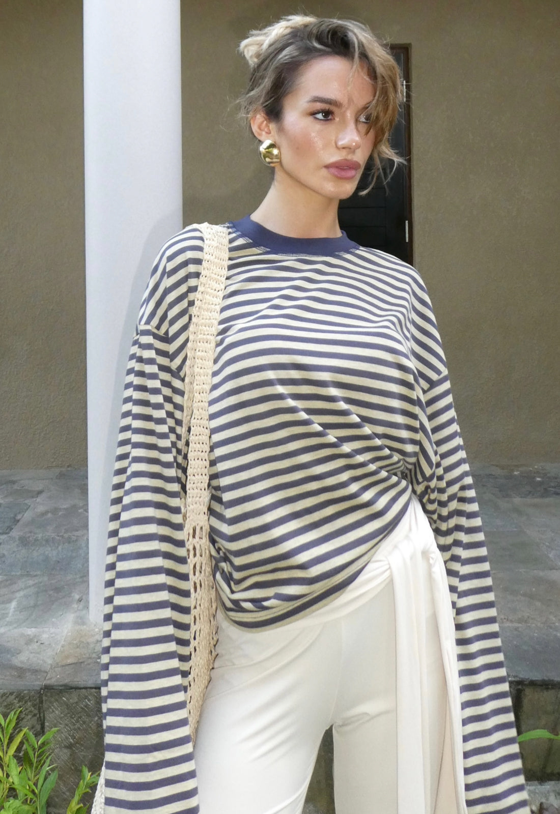 Oversized Long Sleeve Top in Beige Stripe – Comfortable Crew Neck Long Sleeve Shirt for Relaxed Style 1