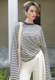 Oversized Long Sleeve Top in Beige Stripe – Comfortable Crew Neck Long Sleeve Shirt for Relaxed Style 1