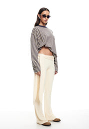 Oversized Long Sleeve Top in Beige Stripe – Comfortable Crew Neck Long Sleeve Shirt for Relaxed Style 2