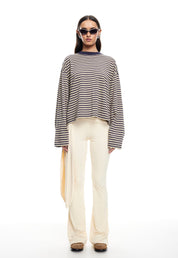 Oversized Long Sleeve Top in Beige Stripe – Comfortable Crew Neck Long Sleeve Shirt for Relaxed Style 3