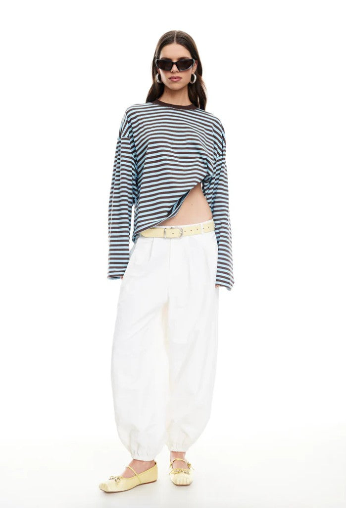 Oversized Long Sleeve Top in Beige Stripe – Comfortable Crew Neck Long Sleeve Shirt for Relaxed Style