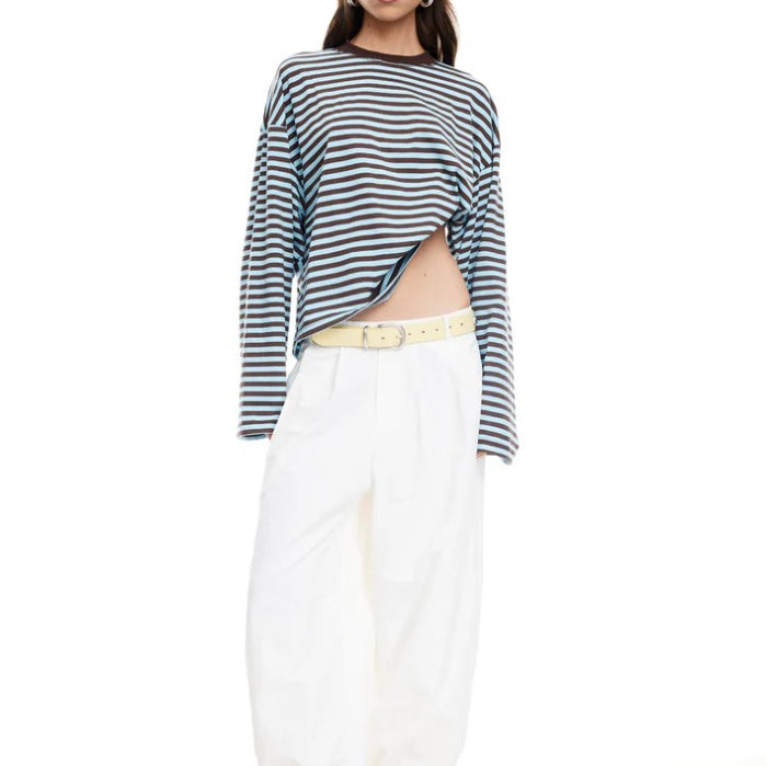 Oversized Long Sleeve Top in Beige Stripe – Comfortable Crew Neck Long Sleeve Shirt for Relaxed Style