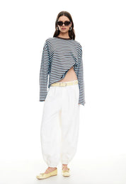 Oversized Long Sleeve Top in Beige Stripe – Comfortable Crew Neck Long Sleeve Shirt for Relaxed Style