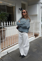 Oversized Long Sleeve Top in Beige Stripe – Comfortable Crew Neck Long Sleeve Shirt for Relaxed Style