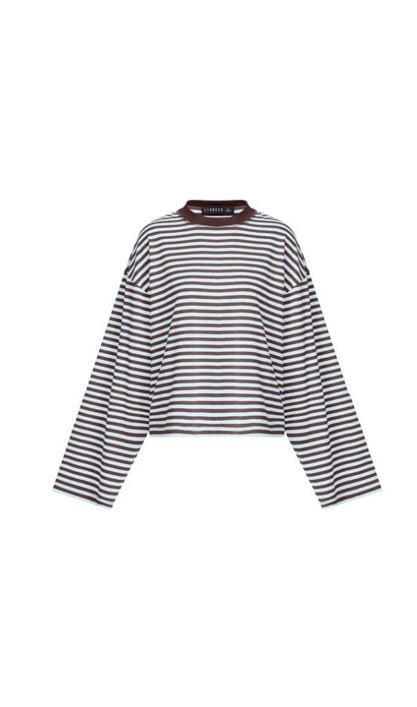 Oversized Long Sleeve Top in Beige Stripe – Comfortable Crew Neck Long Sleeve Shirt for Relaxed Style