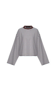 Oversized Long Sleeve Top in Beige Stripe – Comfortable Crew Neck Long Sleeve Shirt for Relaxed Style