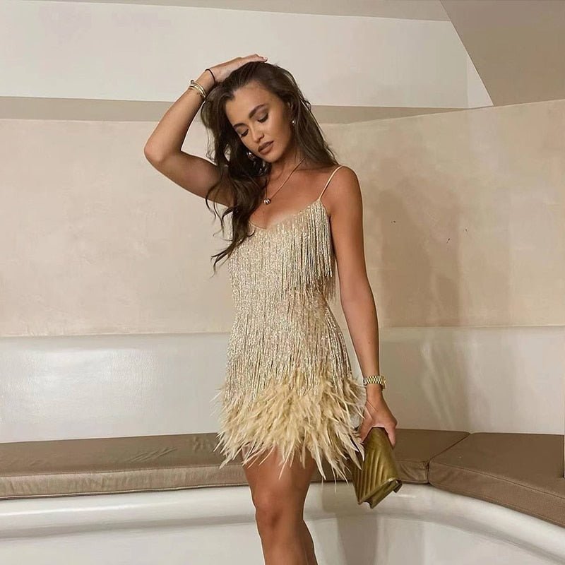 Sera Women's Mini Dress | Sequined with Feather Trim, Summer Cocktail