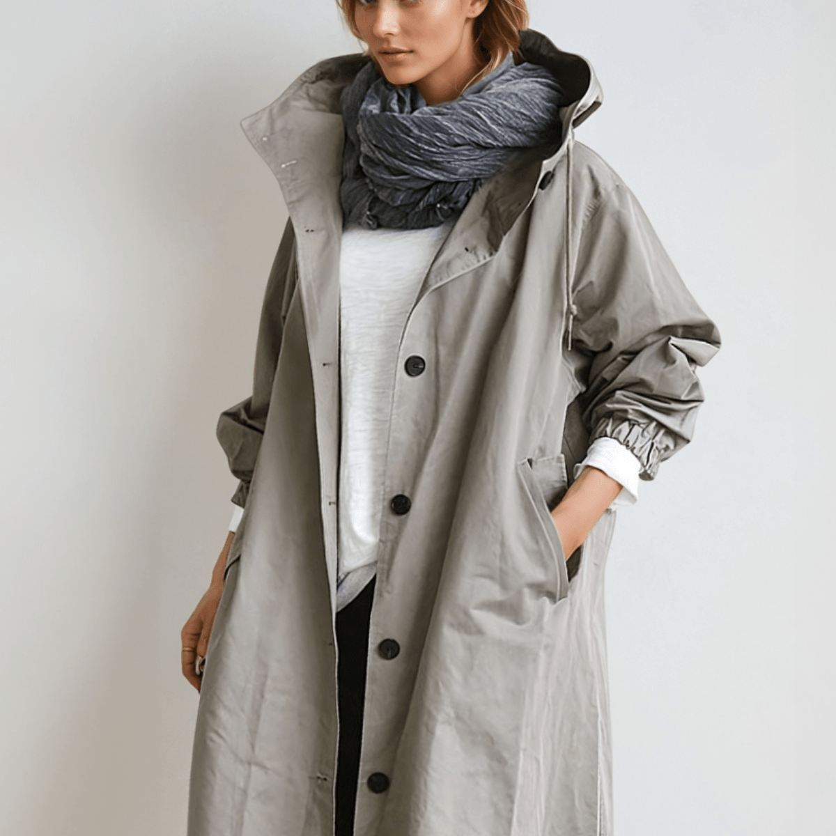 Water-Repellent Beige Trench Coat for Women – Stylish Loose Fit with Generous Pockets 0