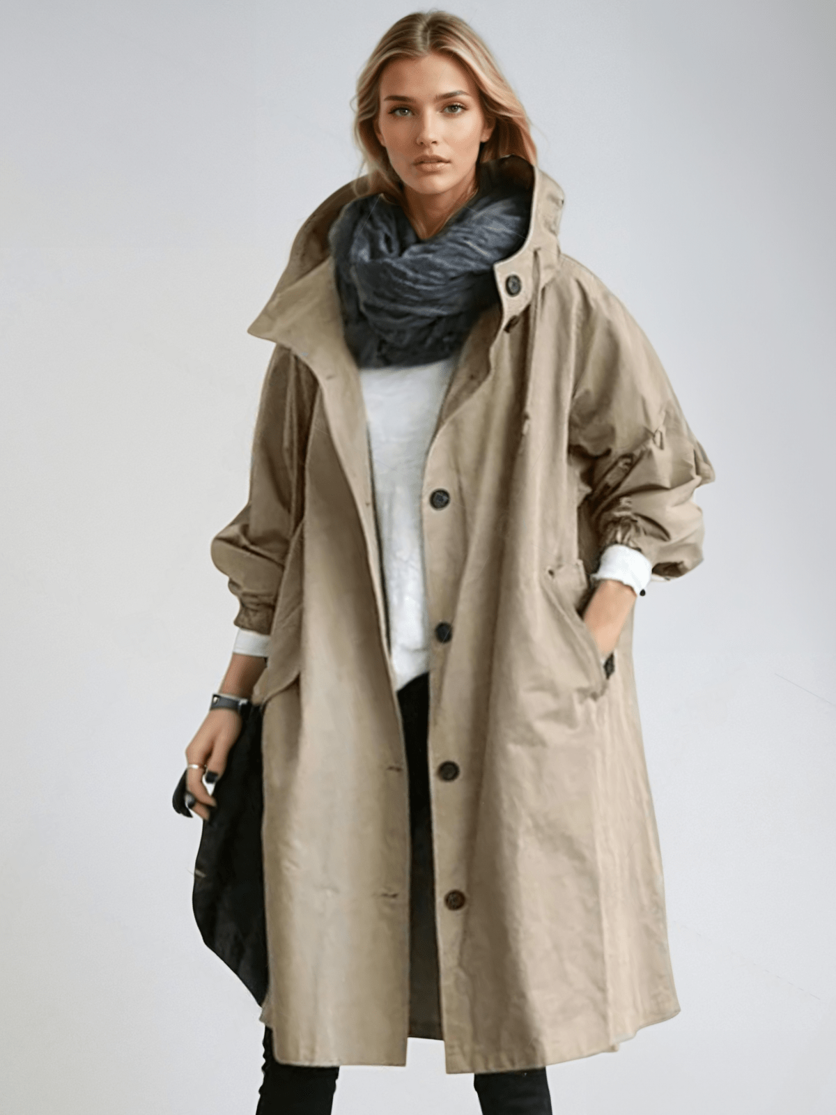 Water-Repellent Beige Trench Coat for Women – Stylish Loose Fit with Generous Pockets 2